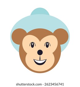 Happy monkey cartoon face with sky blue hat and big smile.