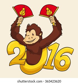 Happy monkey in cartoon style from Chinese Zodiac for New Year 2016 with fire emblems in it's fans.