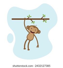 Happy Monkey Character Hanging on a Tree in Jungle. Animals and wildlife concept vector