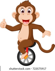 happy monkey circus cartoon up mono-cycle with smile and thumb up