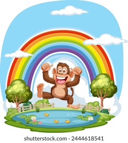 Happy monkey with a colorful rainbow background