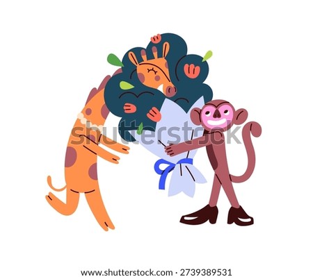 Happy monkey congratulates giraffe with her birthday and presents festive bouquet. Friend gives flowers at Bday. Celebration at the party. Flat isolated vector illustration on white background