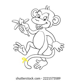 Happy monkey dancing with a banana in his hand. Black and white picture with yellow accent. In cartoon style. Isolated on white background. Vector illustration for coloring book. 