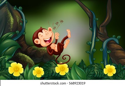 Happy monkey in the deep forest illustration