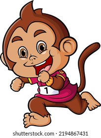 The happy monkey is doing the marathon and running so fast of illustration