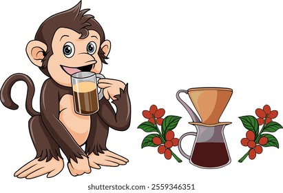 happy monkey drinking coffee vector