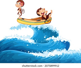 Happy monkey driving boat on ocean wave illustration