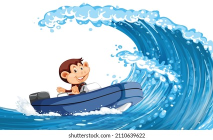 Happy monkey driving boat on ocean wave illustration