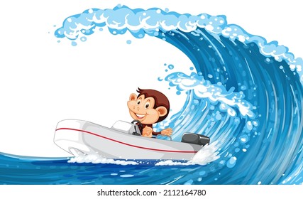 Happy monkey driving boat on ocean wave illustration