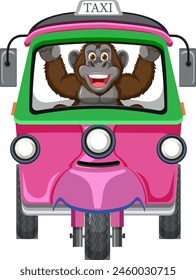 A happy monkey driving a vibrant taxi cab