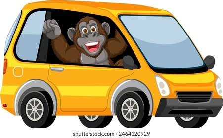 Un mono feliz conduciendo un vehículo amarillo vibrante