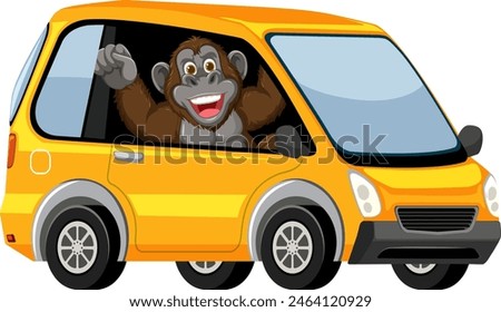 A happy monkey driving a vibrant yellow vehicle