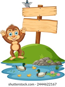 Happy monkey with ducks and signpost illustration
