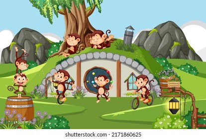 Happy monkey family in the forest illustration