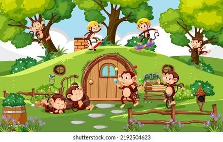 Happy monkey family in the forest illustration