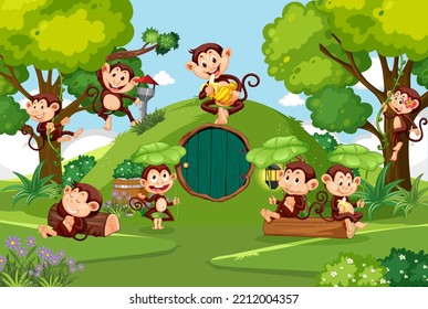 Happy monkey family in the forest illustration