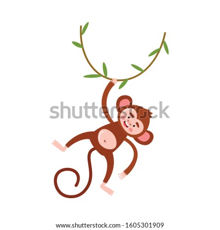 Happy monkey hanging on tree branch vector illustration