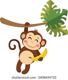 Happy monkey hanging from palm branch holding a banana

