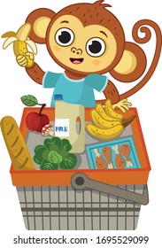 Happy Monkey Having Fun At The Shopping. Vector Illustration Character.