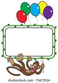 Happy monkey holding balloons and dangling from sign with vine frame