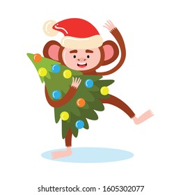 Happy monkey holding new year holiday tree vector illustration
