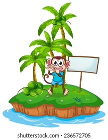 A happy monkey in the island with an empty signboard on a white background