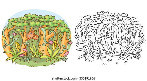 Happy monkey in the jungle, cartoon drawing, both colored and black and white