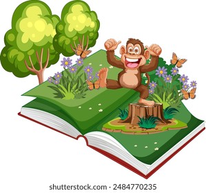 Happy monkey in an open storybook forest