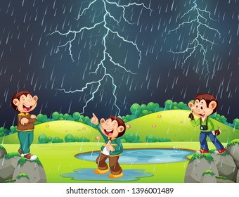 Happy monkey in rainy scene illustration