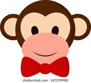 A happy monkey with a red bow, vector, color drawing or illustration.