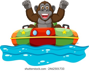 A happy monkey riding a vibrant bumper boat