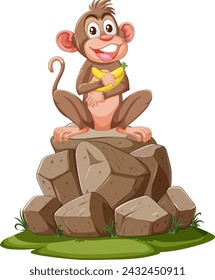 A happy monkey sitting atop a heap of stones