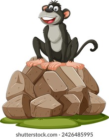 Un mono feliz sentado sobre un montón de rocas.
