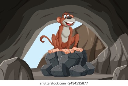 A happy monkey sitting on rocks inside a cave.