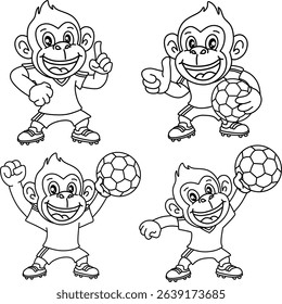 Happy monkey soccer player outlines for kids' coloring books, featuring various poses perfect for creative learning and fun