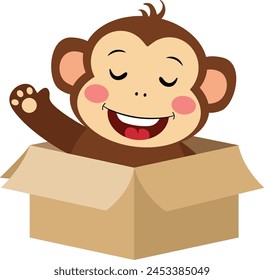 Happy monkey waving inside cardboard box