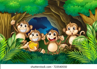 Happy monkeys in deep forest illustration