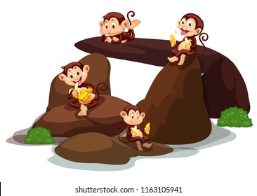 Happy monkeys eating banana at stone illustration