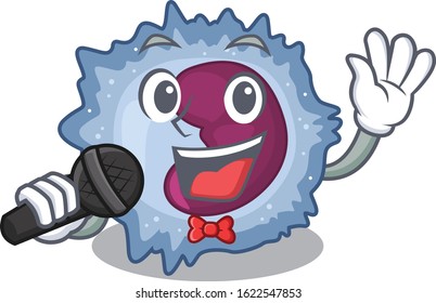 Happy monocyte cell singing on a microphone