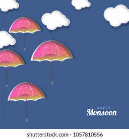 Happy Monsoon Concept with Umbrellas, and Clouds on Blue Background.