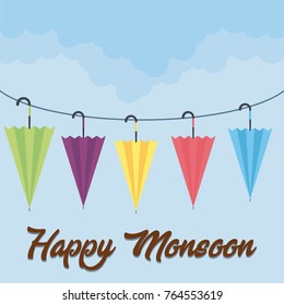 happy monsoon design with colorful closed umbrellas hanging icon over blue background vector illustration