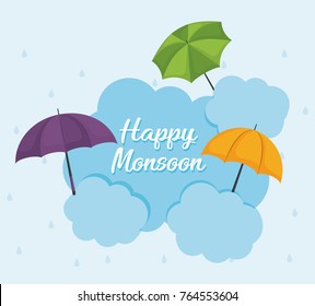 happy monsoon design with colorful umbrellas icon over blue background vector illustration