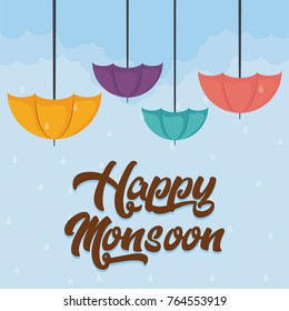 happy monsoon design with colorful umbrellas icon over blue background vector illustration