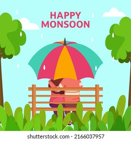 Happy Monsoon Poster Design With Back View Of Young Couple Sitting At Bench Under Umbrella And Trees On Water Drops Cyan Background.