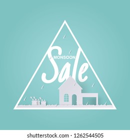 Happy Monsoon or Rainy Season Sale Discount Banner, poster, flyer template. up to 47% percent off. blue sky background. paper cut art style design with rainfall, gifts, grass, house in triangle frame