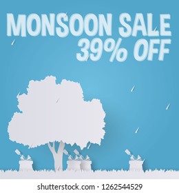 Happy Monsoon or rainy Season Sale Discount Banner, poster, flyer template. 39 percent off. blue sky background. paper cut art style design with raining drops, tree, gifts, grass. Vector Illustration