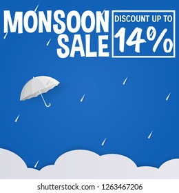 Happy Monsoon or Rainy Season Sale Discount Banner, poster, flyer template. up to 14% percent off. blue sky background. raindrops, umbrella, cloud in paper cut art style design. Vector Illustration