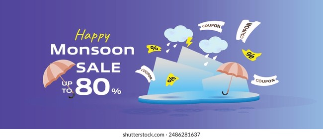 Happy Monsoon sale banner 80 percent and yellow thunder on cloud, rainy season, podium with blue background, For social media ads, special offer sale campaign promotion. 