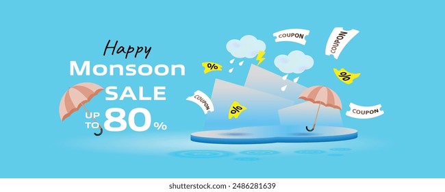 Happy Monsoon sale banner 80 percent and yellow thunder on cloud, rainy season, podium with blue background, For social media ads, special offer sale campaign promotion. 