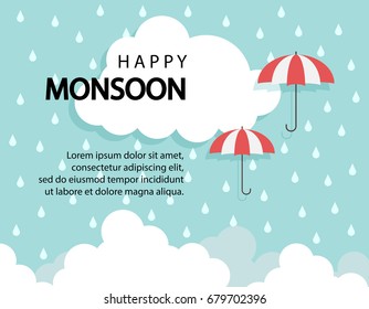 Happy Monsoon season background with cloud and umbrella. sale banner. season off. discount poster. layout advertising. Rainy Season, Vector Illustration.